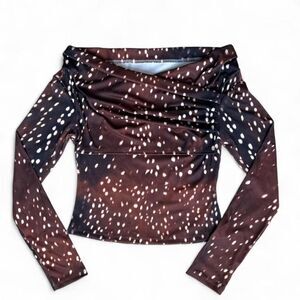 Brown White Off Shoulder Fawn Print Long Sleeve Top Women’s Small